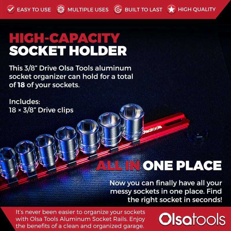 Olsa Tools 3/8-Inch Drive Aluminum Socket Organizer with Locking End Caps | Professional Quality Socket Holder (RED) - Image 2